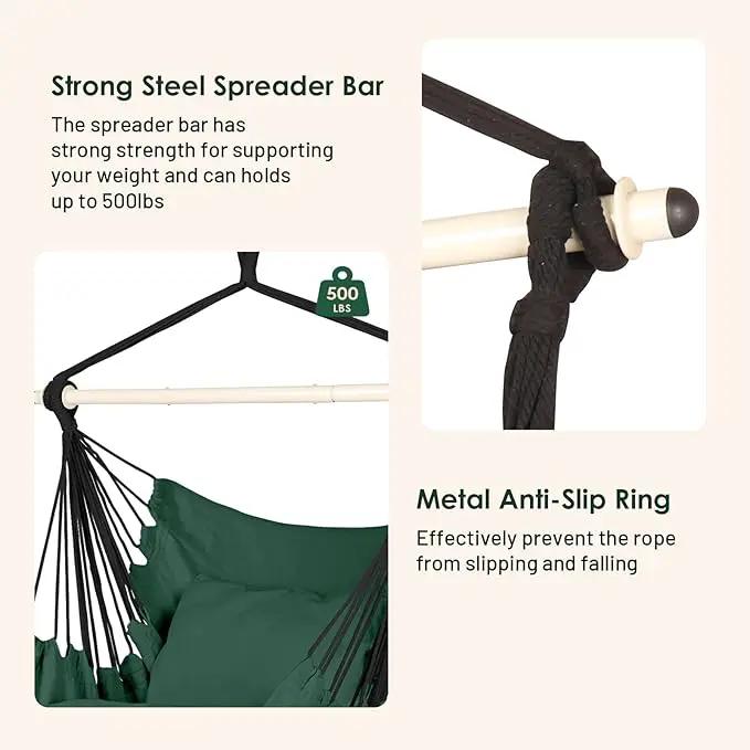 Highwild Hammock Chair Hanging Rope Swing - Max 500 Lbs - 2 Cushions Included - Steel Spreader Bar with Anti-Slip Rings - for Any Indoor or Outdoor Spaces (Green) by GreenHaven Gardens