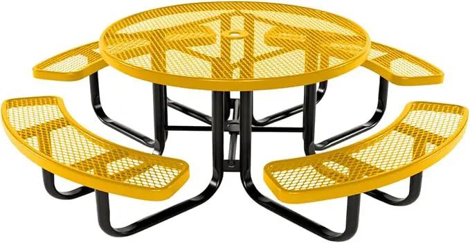 Heavy-Duty Portable Outdoor Kids Table with Umbrella Hole, Expanded Metal Kids Picnic Table, Commercial-Grade, Made in America (46 in, Round, Childrens, Textured Yellow) by GreenHaven Gardens