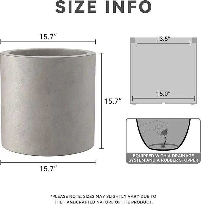 Kante 15.7" Dia Round Concrete Planter, Modern Style Large Cylindrical Plant Pot with Drainage Hole and Rubber Plug for Indoor Outdoor Patio, Weathered Concrete by GreenHaven Gardens