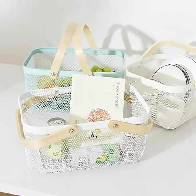 Portable Mesh Harvest Basket - Natural Bamboo Handle Foldable Organizer for Kitchen, Garden & Picnic | Ventilated Storage Bin with Rust-Proof Wire, Space-Saving Farmhouse Decor (Nebula Green) by GreenHaven Gardens