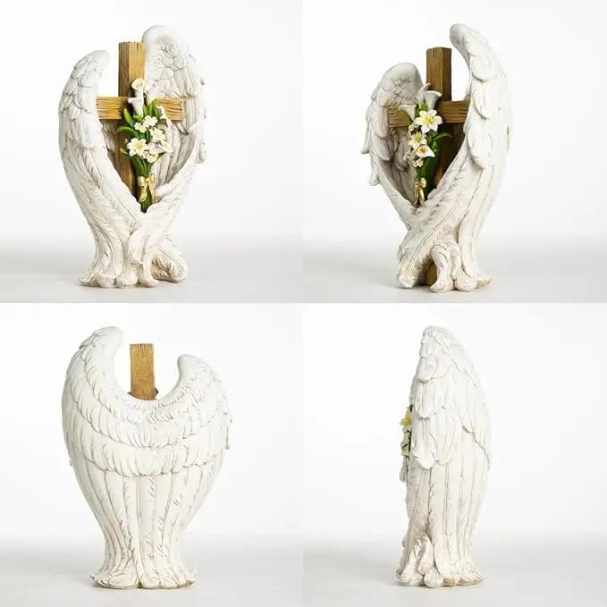 12" Angel Wings Embracing Cross and Calla Lily Garden Statue Memorial Statue by GreenHaven Gardens