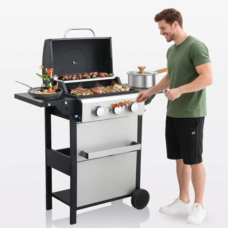 3-Burner Propane Gas BBQ Grill with Porcelain-Enameled Cast Iron Grates and 2 Foldable Side Table, 25,650 BTU Stainless Steel Grill for Outdoor Camping Barbecue Grilling Backyard Cooking - Silver by GreenHaven Gardens