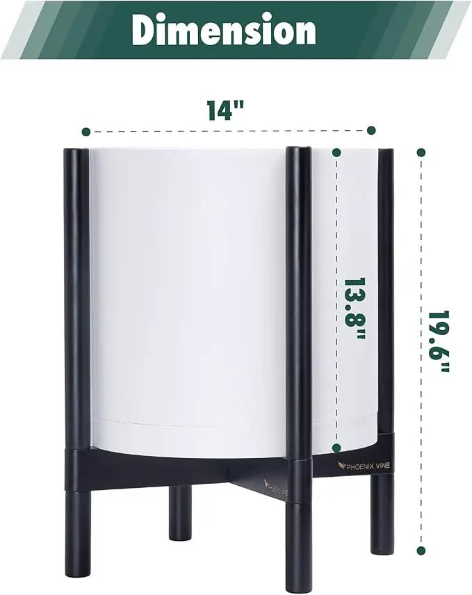 D'vine Dev Planter Pot with Stand - 14 Inch Plastic Cylinder Flower Pot with Wood Planter Holder for Indoor, Matte White Pot + Ebony Stand, 55-C-T-1 by GreenHaven Gardens