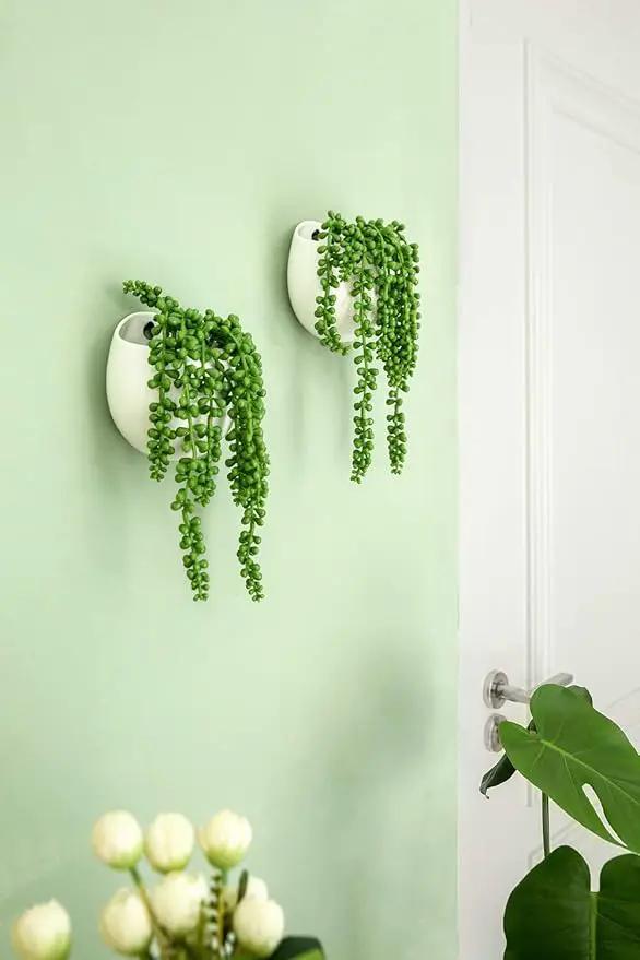 Dahey Wall Planters with Fake String of Pearls Plant Artificial Succulent Small Modern Ceramic Mounted Planter Round Hanging Wall Vase Display Holder for Indoor Garden Office Decor, Set of 2 by GreenHaven Gardens