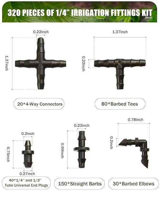 320 Pcs Drip Irrigation Fittings Kits for 1/4" Tubing, Drip Irrigation Barbed Connectors, Drip Line Connectors for Drip Systems(4-Way Coupling, Tee, Elbow, End Plug, Coupling) by GreenHaven Gardens