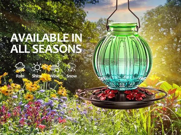 Glass Hummingbird Feeder for Outdoors Hanging, Bird Nectar Feeder with Perch & 5 Flower Feeding Ports, 26 Oz Leak Proof for Outside Garden Decor Backyard, Gifts for Women Mom, Green & Blue by GreenHaven Gardens