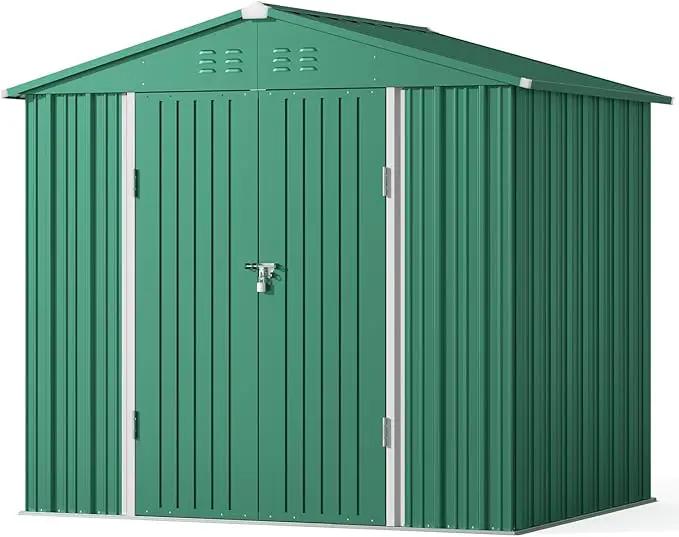 Gizoon Outdoor Storage Shed 8 x 6 FT, Galvanized Metal Garden Shed with Double Lockable Doors, Outdoor Storage Clearance for Backyard Patio Lawn-Green by GreenHaven Gardens