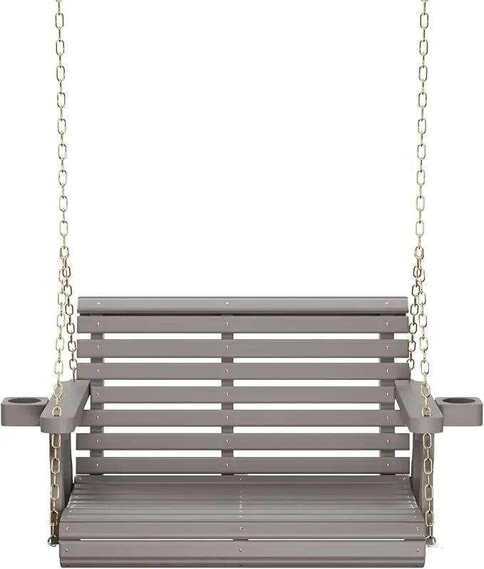Amish Casual 3 Foot Roll Back Porch Swing with Cup Holders in Semi-Solid Gray Stain - Amish Made in The USA from Treated Pine Heavy Duty 700 Lb. Weight Capacity by GreenHaven Gardens