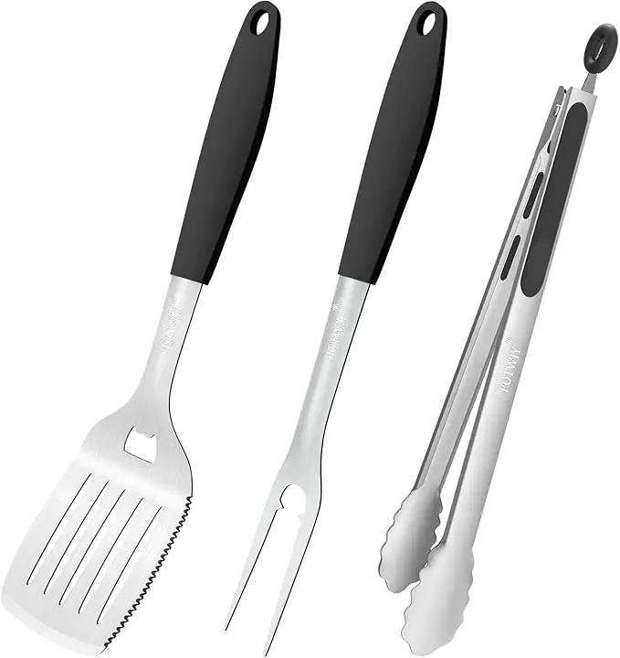 BBQ Grilling Accessories, 3Pcs Stainless Steel Grill Tools Accessories Set with Spatula, Fork and Tongs, Barbecue Utensils Grilling Tools for Outdoor Camping, Heat-Resistant Silicone Handle by GreenHaven Gardens