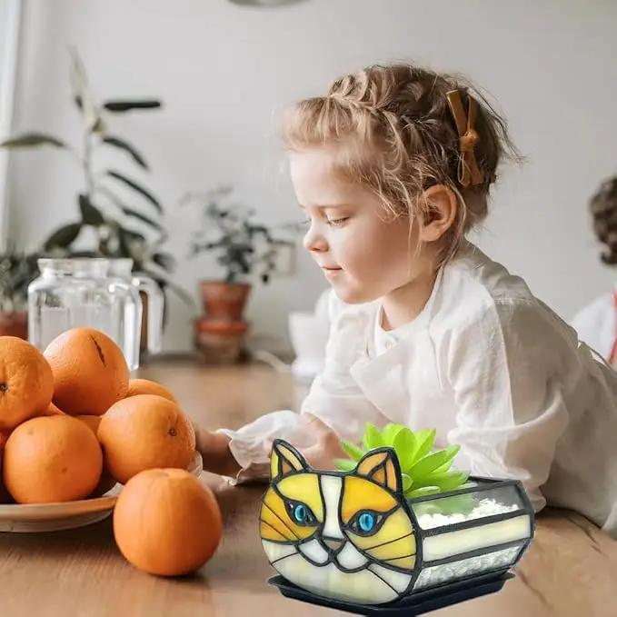 Stained Glass Yellow Cat Flower Pot,Small Succulent Planter for Indoor Plants,Cat Plant Decoration for Windowsill 4.33x3.54x2.95 in（Excluding Plants） by GreenHaven Gardens