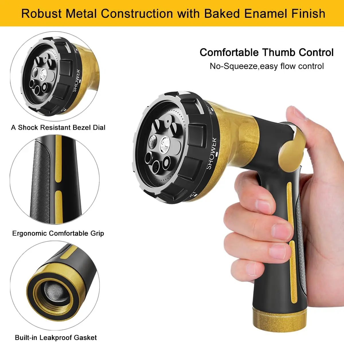FANHAO Garden Hose Nozzle Heavy Duty, 100% Metal Water Hose Sprayer with 8 Spray Patterns, High Pressure Spray Nozzle Thumb Control On Off Valve for Outdoor Lawn & Plant Watering, Car & Pet Washing by GreenHaven Gardens