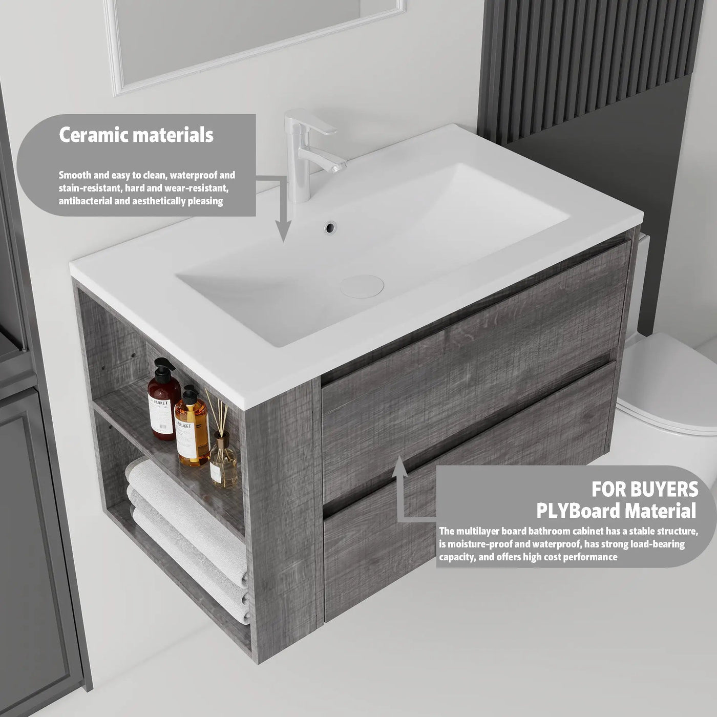 36 Inch Floating Bathroom Vanity with Sink, Soft-Close Door, Ceramic Sink, Plywood by HouseOfZazla