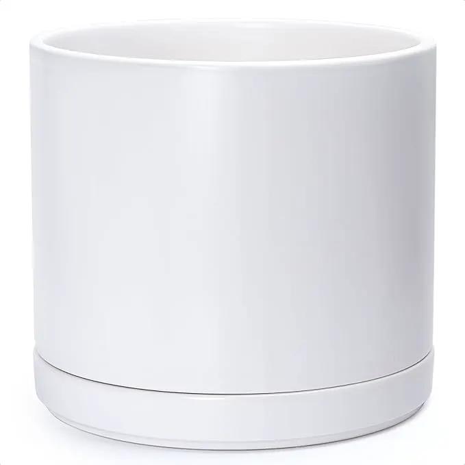 D'vine Dev 14 Inch Ceramic Planter Pot with Drainage Hole and Saucer, Indoor Cylinder Round Planter Pot, White, 94-O-G-1 by GreenHaven Gardens