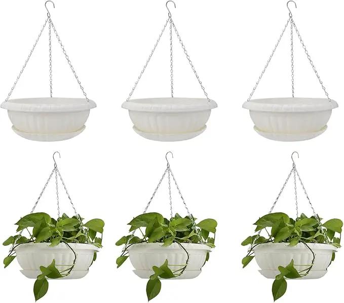 10.63in Hanging Planter Pots for Outdoor and Indoor Plants Flowers with Drainage Hole Tray Hooks Plastic Plant Baskets for Garden Home Porch (White, Pack of 6) by GreenHaven Gardens