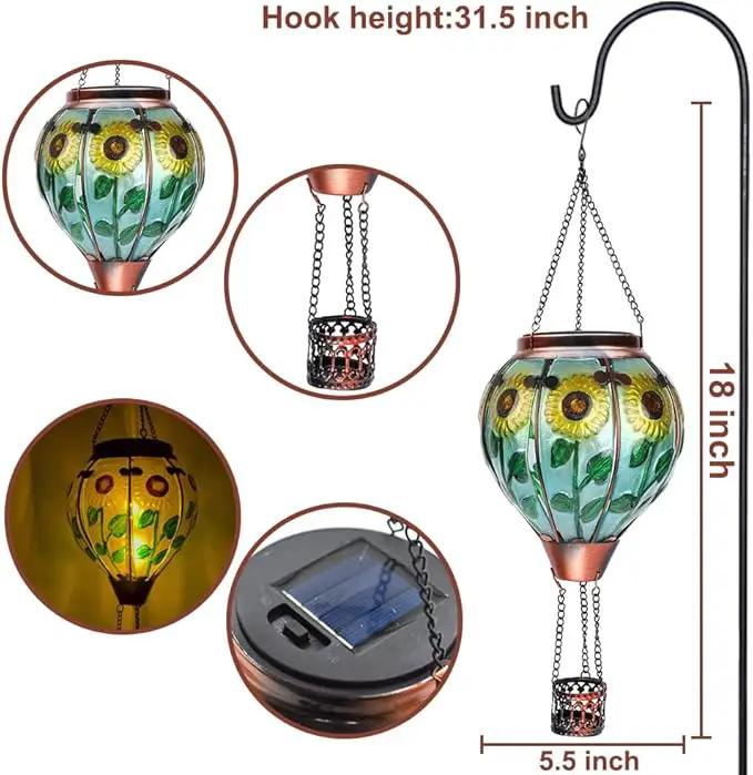 2PCS Solar Hot Air Balloon Lanterns with Flame with Shepherd's Hooks, Glass Hanging Flickering Lights Outdoor Waterproof for Garden Tree Yard Patio Mother's Day Gift, 18" H Sunflower by GreenHaven Gardens