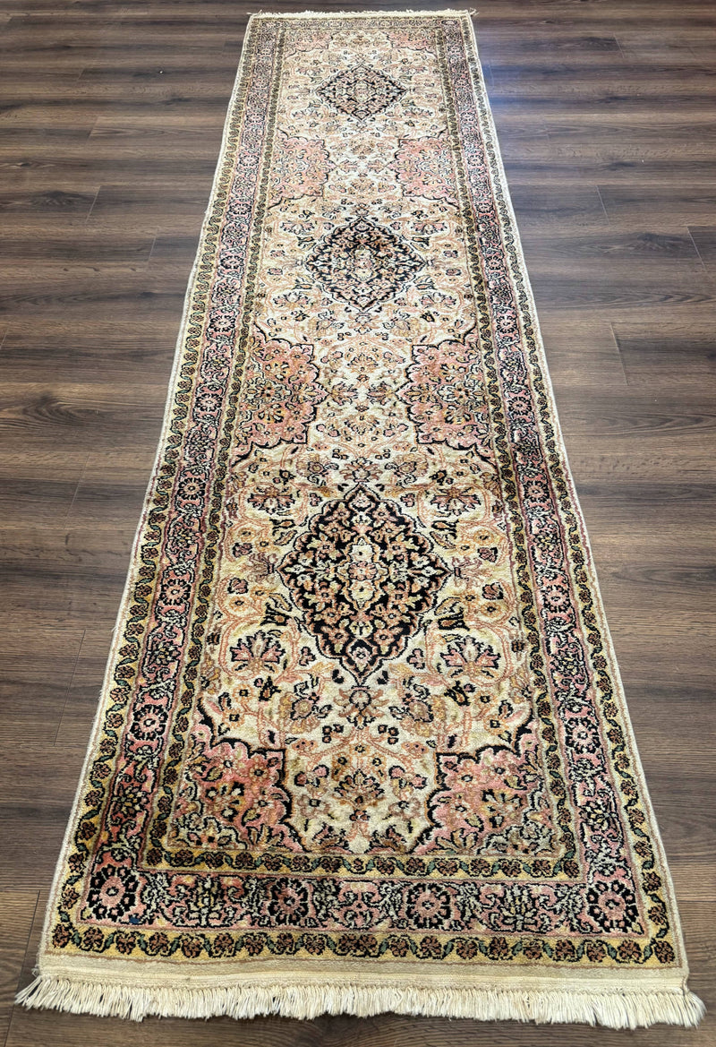 Silk Indian Kashmiri Runner Rug 2.7 x 9.8, Floral Medallions by Jewel Rugs