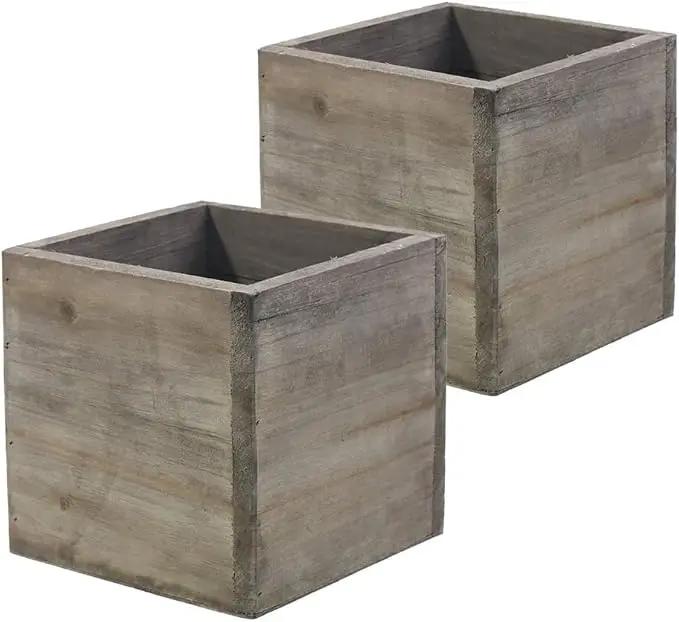 Wooden Planter Box, Rustic Barn Wood with Plastic Liner l Garden Decor l Restaurant and Wedding Decorations l Wedding Bouquets, Table Centerpiece (6x6 Set of 2, Natural) by GreenHaven Gardens