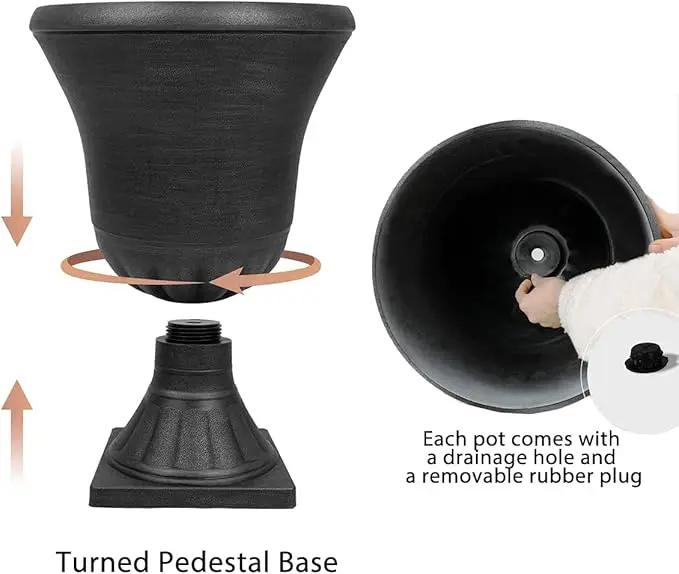 Worth Garden 2-Pack Plastic Urn Planters for Outdoor Plants, 22'' Black Tall Round Classic Resin Traditional Flower Pots - 15 in. Dia. Large Imitation Stone Decorative Pot Patio Deck Front Porch by GreenHaven Gardens