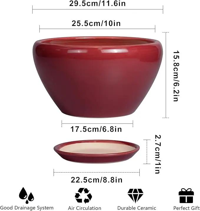 Ceramic Planter - 11 Inch Planter for Outdoor Plants Large Plant Pot Indoor with Drainage Hole and Saucer Round Modern Flower Pot Mid-Century Room Decor Red by GreenHaven Gardens