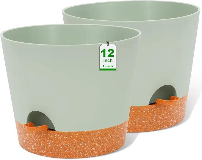 GARDIFE 12 inch Plant Pots, planters, Self Watering Pots, 2 Pack Large Plastic Flower pots with Deep Reservior and High Drainage Holes for Indoor Outdoor Plants and Flowers, Green by GreenHaven Gardens