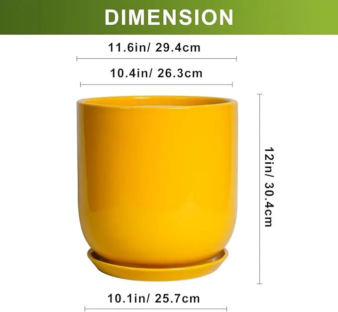 12 Inch Pots for Plants - Ceramic Planter for Outdoor Plants Large Plant Pot Indoor with Drainage Hole Modern Flower Pot for Home Patio Office Decor Yellow by GreenHaven Gardens
