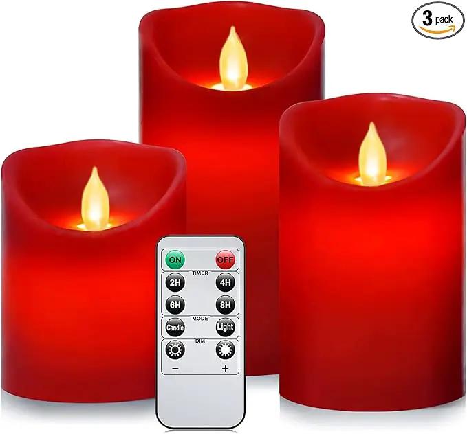 Flameless Battery Operated Flickering Candles:3PACK Red Real Wax Pillar Candle,Electric LED Candle with 10-Key Remote Control and 24 Hours Timer for Home Decoration Holiday Party by GreenHaven Gardens