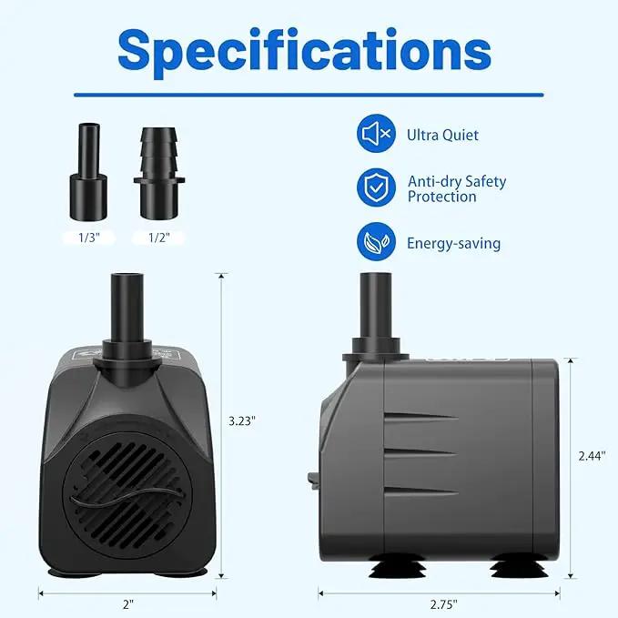 200GPH Submersible Water Pump(750L/H,16W),Ultra Quiet Fountain Pump with 5.2ft. High Lift,Pond Pump for Fish Tank, Pond, Aquarium, Statuary, Hydroponics. by GreenHaven Gardens