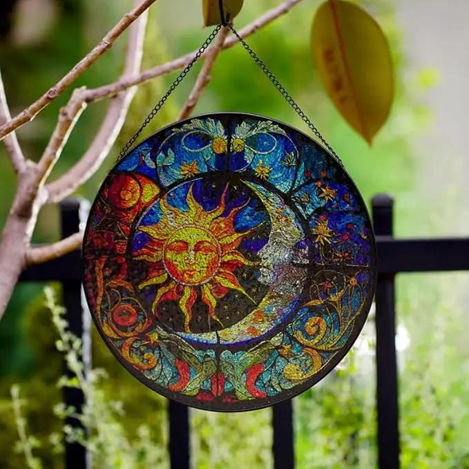 Stained Glass Suncatcher,Sun and Moon Artistic Window Hanging,7.8” Hand-Painted Glass Panel Wall Home Decor,Gift for Women Garden Decor Suncatcher (Sun and Moon), BL009 by GreenHaven Gardens