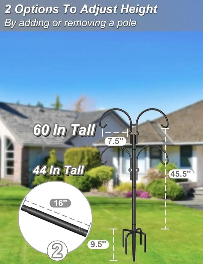 Outdoor Double Shepherds Hook with 5 Prong Base, 60 Inch Adjustable Heavy Duty Two Sided Bird Feeder Pole Stand for Hanging Plant Baskets, Solar Light Lanterns, Hummingbird Feeder, 1 Pack by GreenHaven Gardens