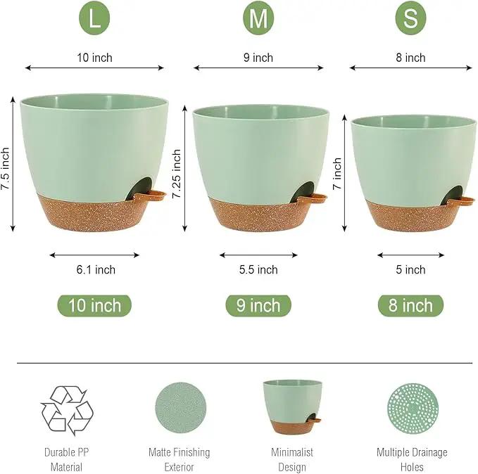 10/9/8 inch Self Watering Pots, Set of 3 Plastic Planters with Mesh Drainage Holes and Deep Reservoir for Indoor Outdoor Garden Plants and Flowers, Green with Brown by GreenHaven Gardens
