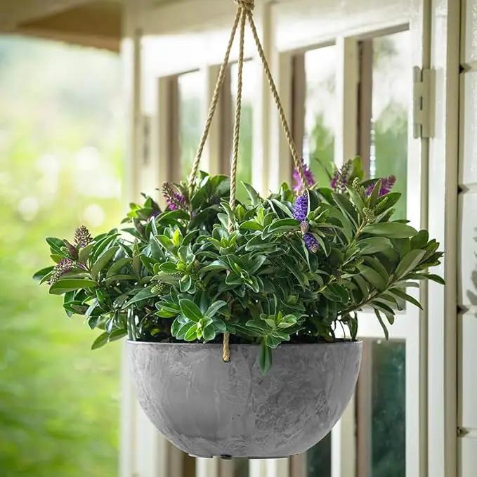 Root & Vessel Self Watering Hanging Planter for Indoor or Outdoor Plants, Unique Marbled Hanging Basket Made of Eco-Friendly Blend of Stone & Plastic, Gray, 10" by GreenHaven Gardens