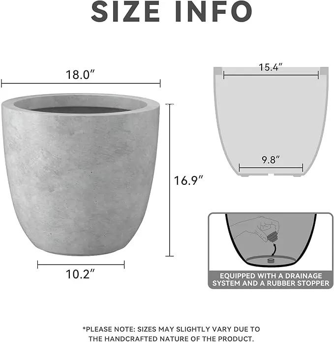 Kante 18 Inch Dia Round Concrete Planter, Indoor Outdoor Large Plant Pot with Drainage Hole and Rubber Plug for Home Patio Garden, Natural Concrete by GreenHaven Gardens