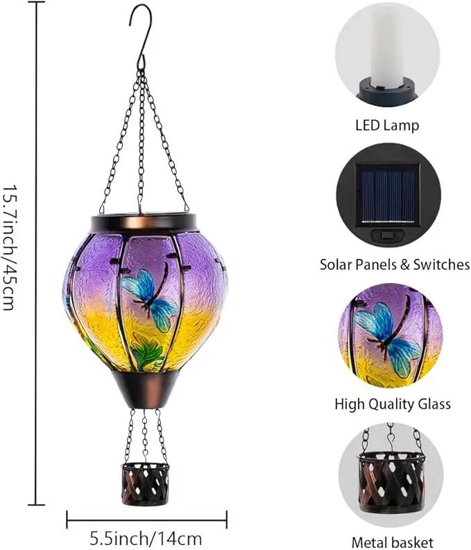 Starsoul Dragonfly Hot Air Balloon Solar Lantern Outdoor Glass Hanging Hot Air Balloon Lantern with Flame Light Waterproof for Patio Pathway Yard Porch Backyard Decor by GreenHaven Gardens