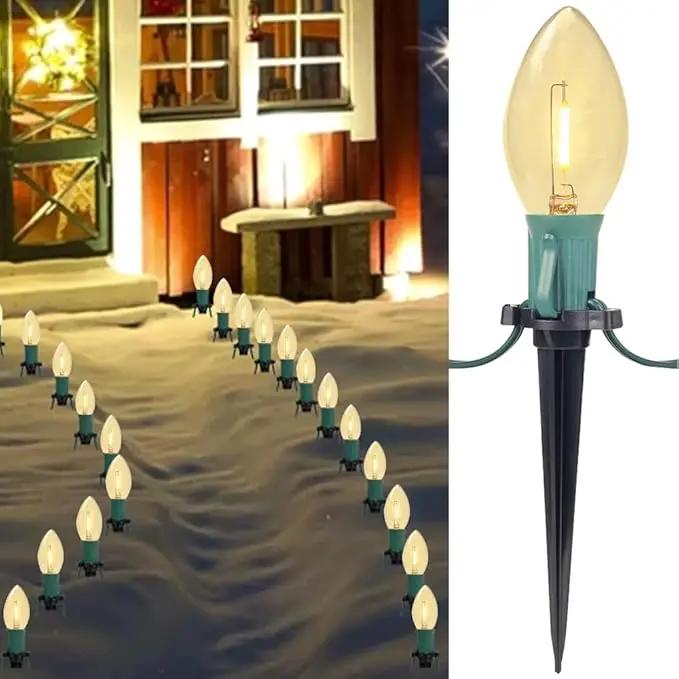 C9 Christmas Pathway Lights, 38FT C9 Christmas Pathway String Lights with 25 Clear LED Light Bulbs and Stakes for Outdoor Walkway Driveway Backyard Christmas Decorations by GreenHaven Gardens