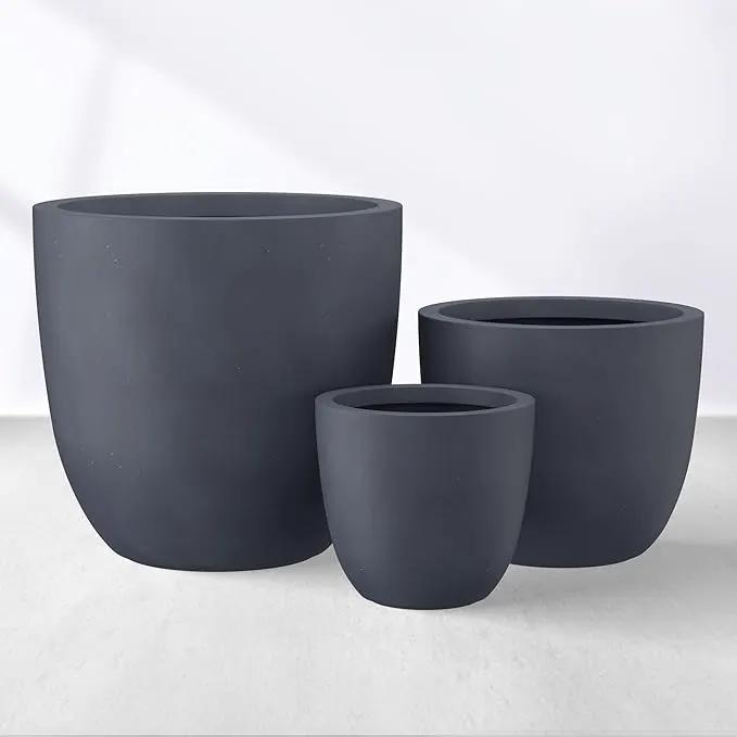 Kante 18",14",10" Dia Concrete Round Planters (Set of 3), Outdoor Indoor Large Planter Pots with Drainage Hole and Rubber Plug for Home Patio Garden, Dark Gray by GreenHaven Gardens