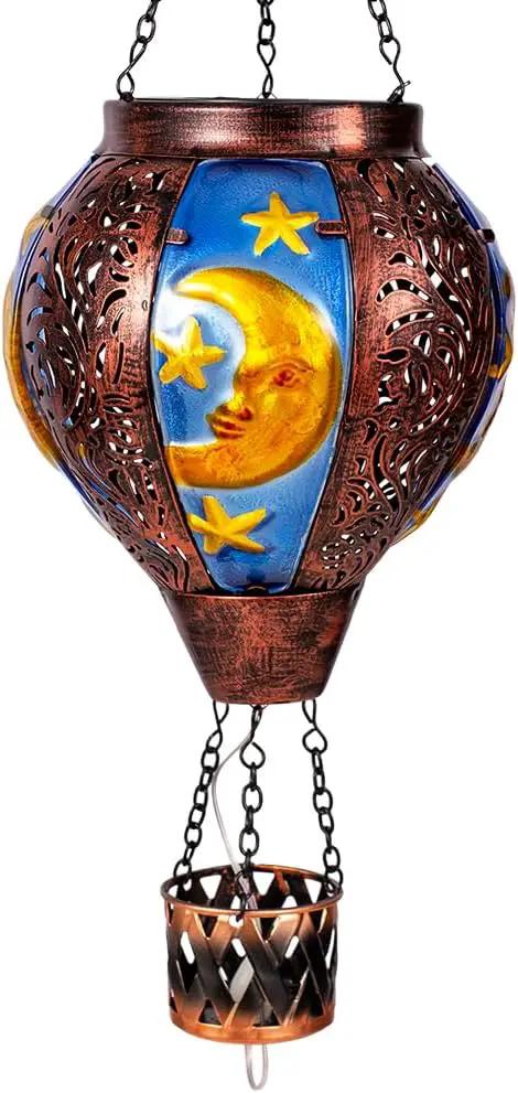 Solar Hot Air Balloon Lantern with Flame Flickering LED Metal Star Moon Hot Air Balloon Solar Lantern Outdoor Waterproof Hanging Outdoor Light for Garden,Yard,Porch Mother Day Gift for Women by GreenHaven Gardens