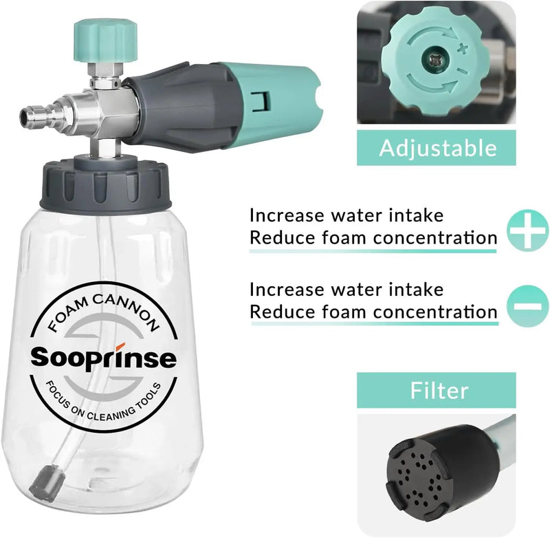 Sooprinse Pressure Washer Foam Cannon with Dual Connector Accessory, Power Washer Soap Cannon with Double Tip Attachment, 5 Power Washer Nozzle Tips, 1/4" Quick Connect, 4000 PSI by GreenHaven Gardens