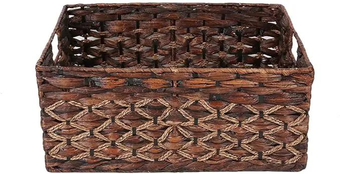 Rectangular Wicker Storage Basket, Dark Water Hyacinth Basket With Inside Handles Shelves Kitchen Office Desk (Large)
