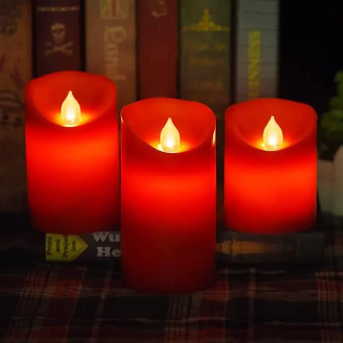 Flameless Battery Operated Flickering Candles:3PACK Red Real Wax Pillar Candle,Electric LED Candle with 10-Key Remote Control and 24 Hours Timer for Home Decoration Holiday Party by GreenHaven Gardens