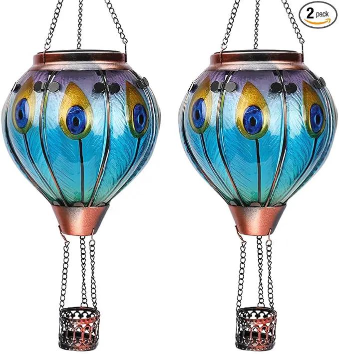 2PC Hot Air Balloon Solar Lantern with 2PC Shepherd Hook, Flickering Flame Hanging Solar Lanterns Outdoor Lights Waterproof Lanterns for Garden Patio Yard Party Decor (Peacock Feather Blue)