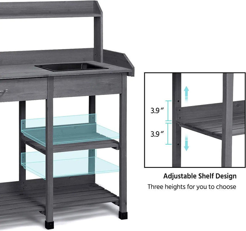 Yaheetech Outdoor Potting Bench Table Potters Benches Garden Workstation for Horticulture with Drawer/Adjustable Shelf Rack/Removable Sink/Hooks/Pads, Gray by GreenHaven Gardens