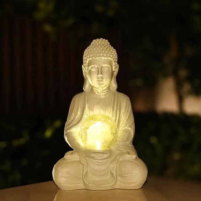 Buddha Garden Statue with Solar Light, Solar Meditating Garden Buddha with Cracked Glass Ball Sculpture-Indoor/Outdoor Decor for Balcony,Garden,Patio,Porch Yard Art Ornament,Gift by GreenHaven Gardens