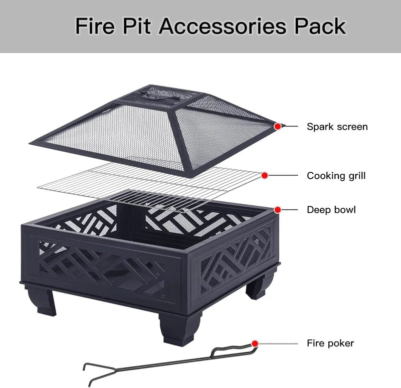 Breezz 26 Inch Wood Burning Fire Pit with Cooking Grill and Spark Screen, Outdoor Metal Firepit for Patio, Backyard, Bonfire Party, Camping and Garden by GreenHaven Gardens