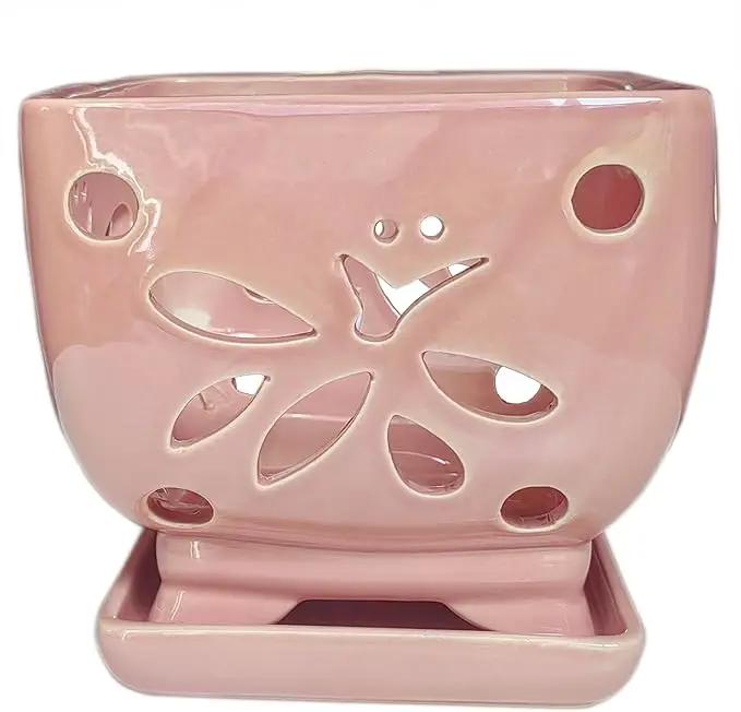 Orchid Pots with Holes Square Ceramic Orchid Planter Pots 5.5 inch (Pink) by GreenHaven Gardens