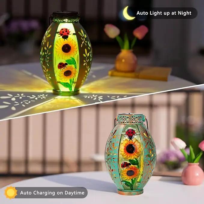2 Pack Sunflower Solar Lantern,Retro Solar Lanterns Outdoor Waterproof,Stained Glass & Metal Hanging Solar Lantern,LED Tabletop Lamp Solar Lights,Sunflower Outdoor Solar Lanterns for Pathway by GreenHaven Gardens