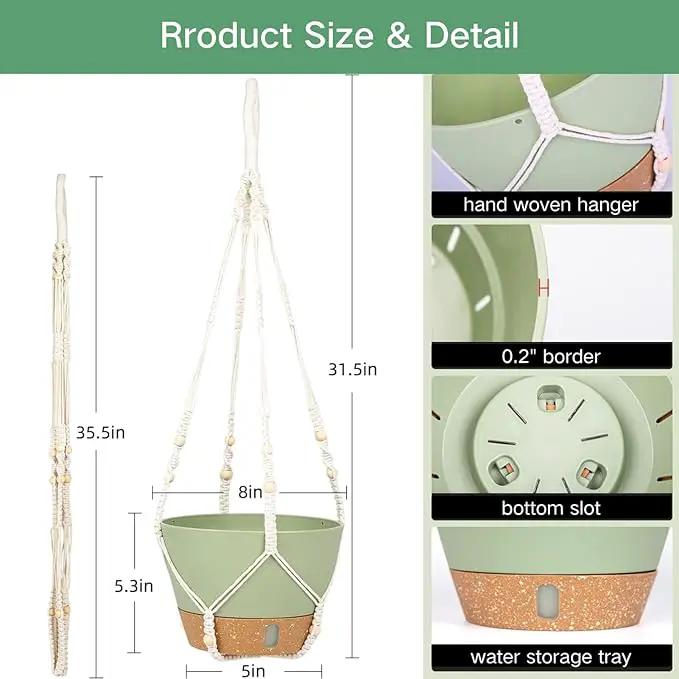 QCQHDU 2 Pack Hanging Planters for Indoor Plants, Outdoor Hanging Baskets, Self Watering Pots with Drainage Holes & Removable Tray (Green, 8 inch, Macrame Hanger) by GreenHaven Gardens