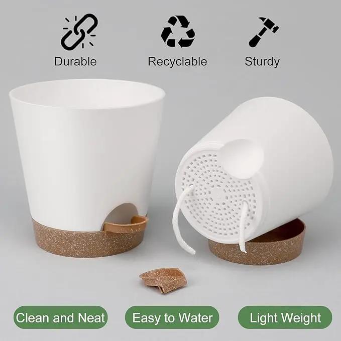 Indoor Self Watering Planters with Drainage Holes and Saucers, 8, 7, 6.5, 6, 5.5, 5 Inches, White, 6 Pots by GreenHaven Gardens