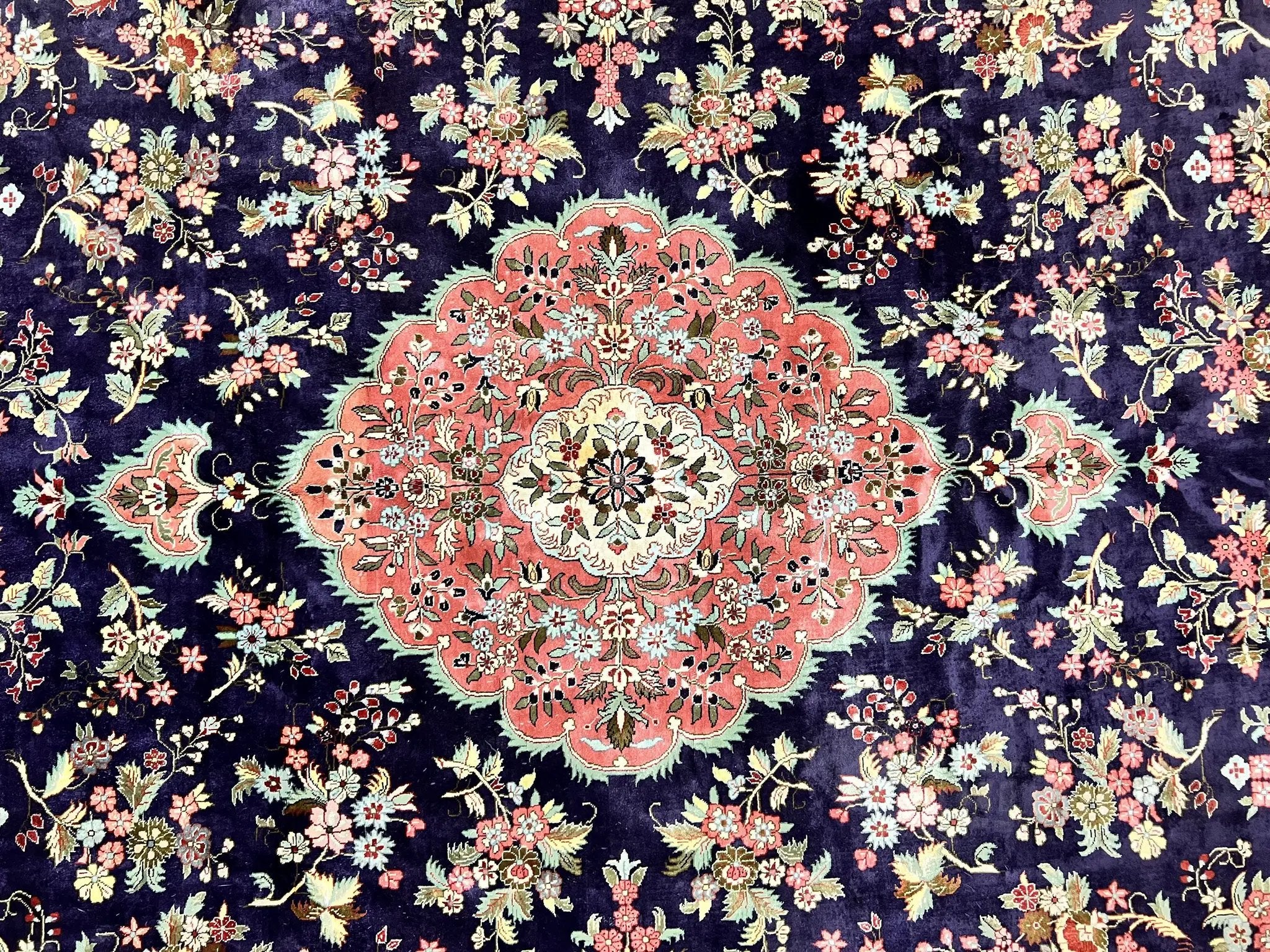 Stunning Silk Persian Qum Rug 7x9, Finely Hand Knotted Navy Blue & Salmon Floral Medallion Authentic Oriental Carpet, Vintage Handmade Silk Ghom Rug, Silk on Silk by Jewel Rugs