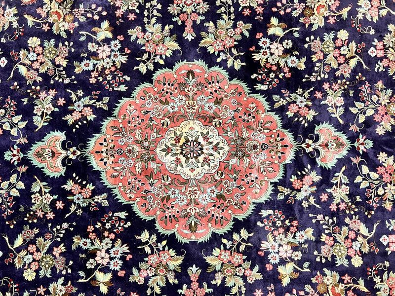 Stunning Silk Persian Qum Rug 7x9, Finely Hand Knotted Navy Blue & Salmon Floral Medallion Authentic Oriental Carpet, Vintage Handmade Silk Ghom Rug, Silk on Silk by Jewel Rugs