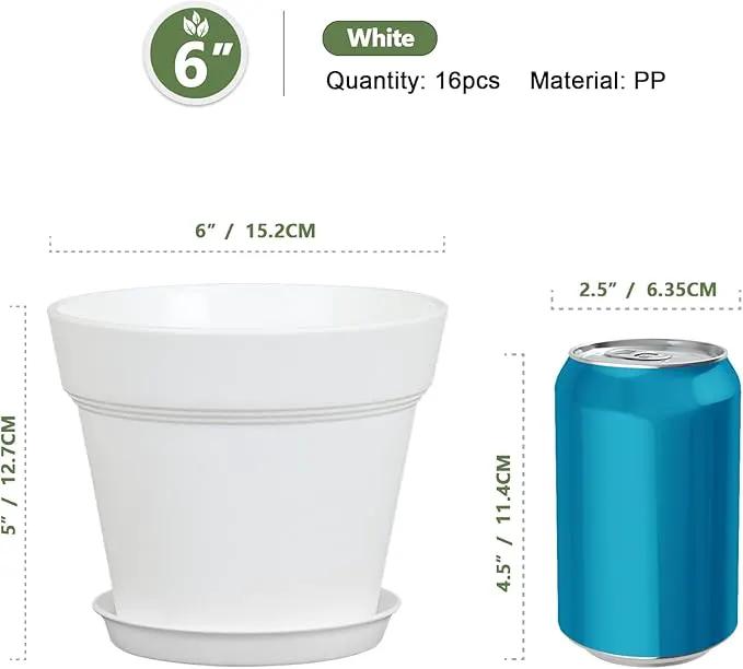 6 inch Plastic Nursery Pots, 16 Pack Plant Pots for Indoor Outdoor Plants, Flower Pots with Drainage Holes and Saucers, Decorative Seedling Starter Planters for House Plants, White by GreenHaven Gardens